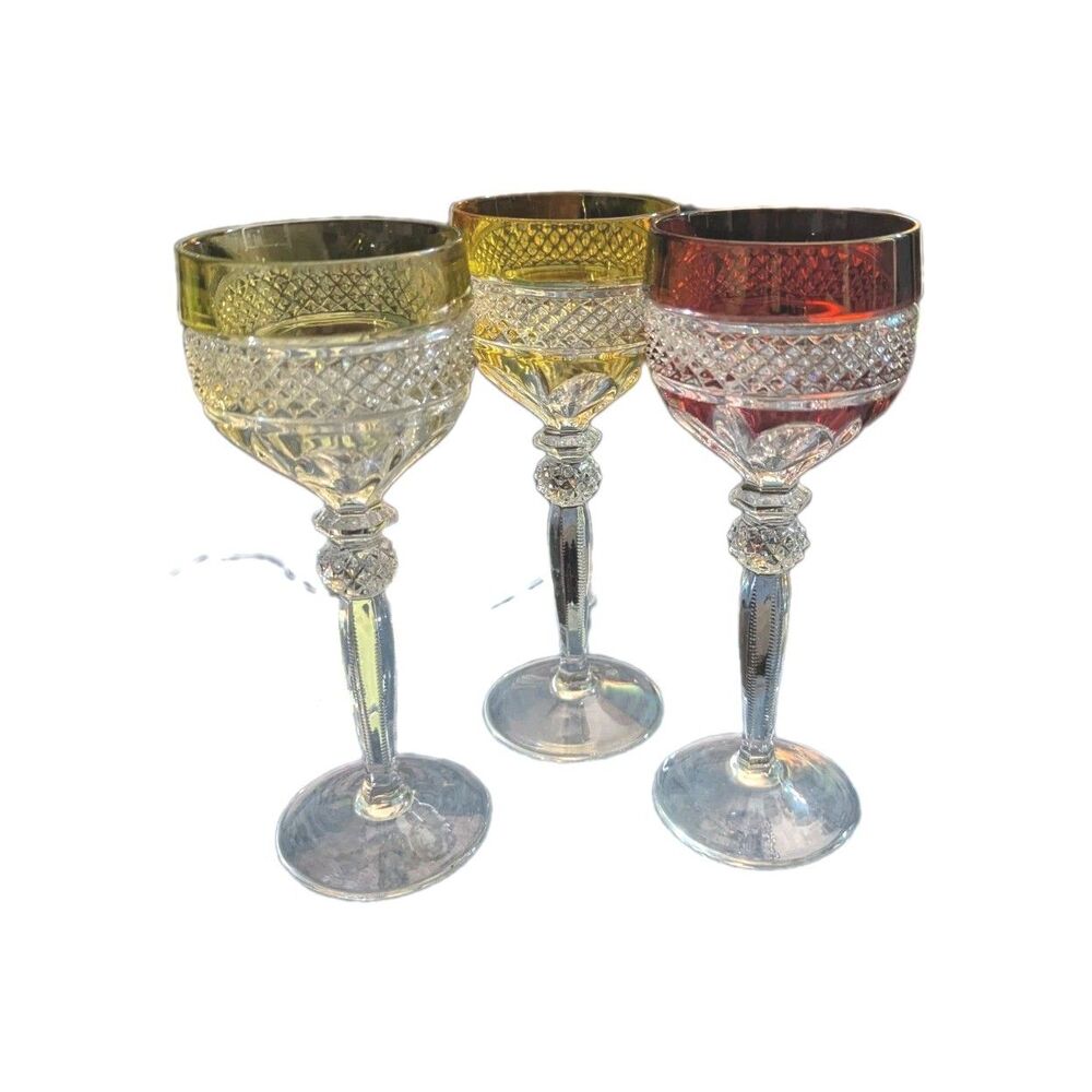 Vintage Riekes Crisa Williamsburg Hock Wine Glasses Flashed Crystal 3pc Set MINT